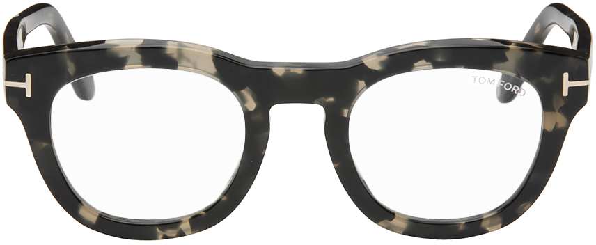 Tom Ford Grey Blue-block Round Glasses In Shiny Grey Havana/bl
