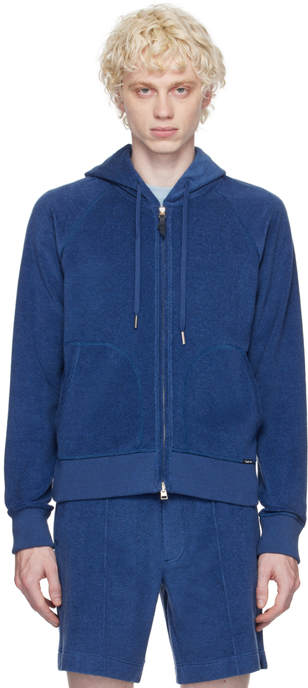 Tom Ford Blue Towelling Hoodie In Hb745 Midnight Blue