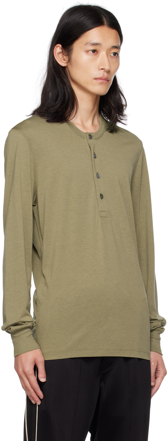 Shop Tom Ford Khaki Jersey Henley In Fg820 Dark Olive