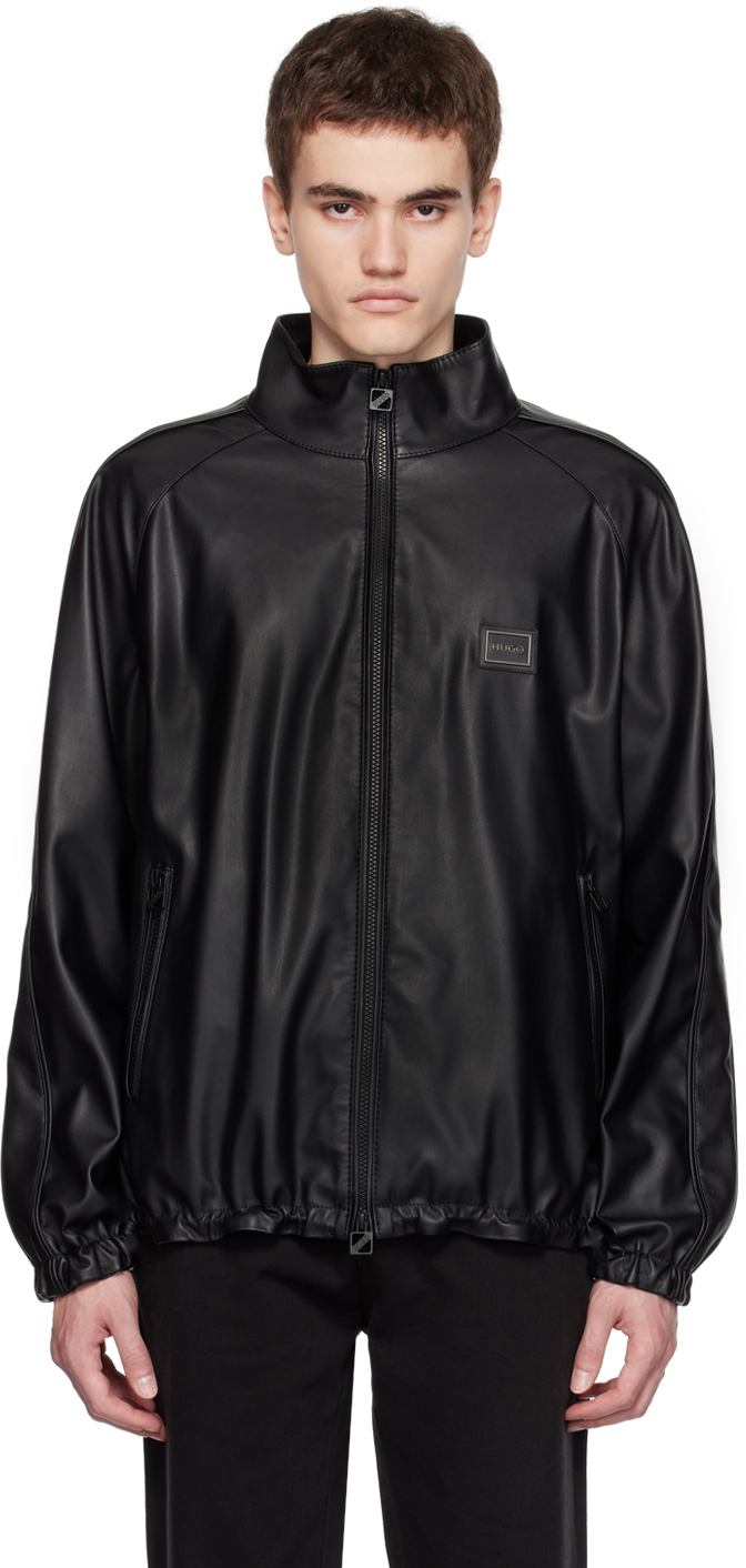 Hugo Black Stand Collar Faux-Leather Jacket