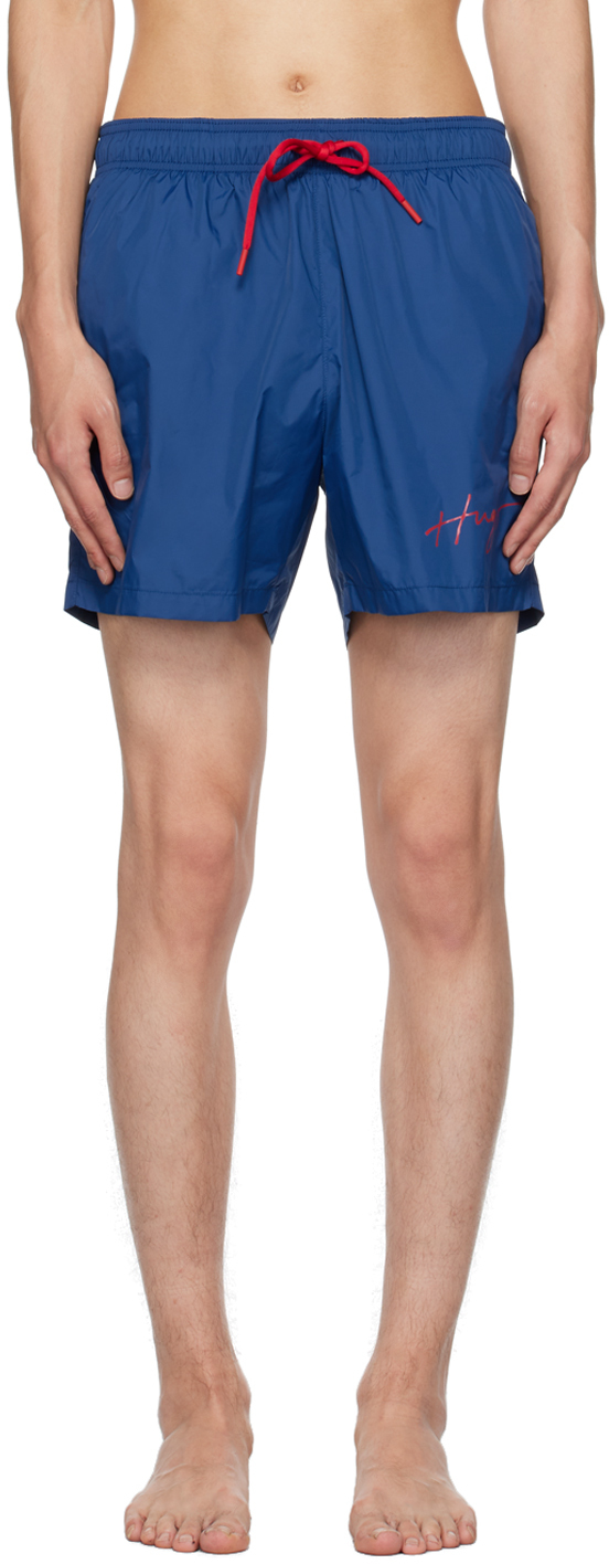 Hugo Blue Printed Swim Shorts In 417 - Navy