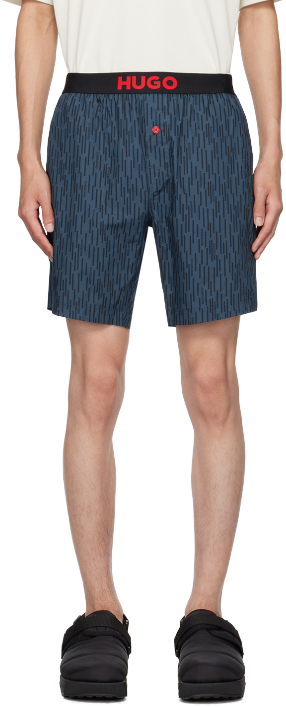 Hugo Blue Printed Shorts In 405 - Dark Blue