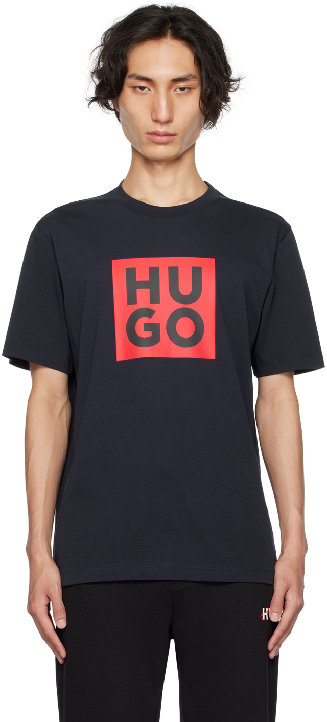 Navy Printed T-Shirt by Hugo on Sale
