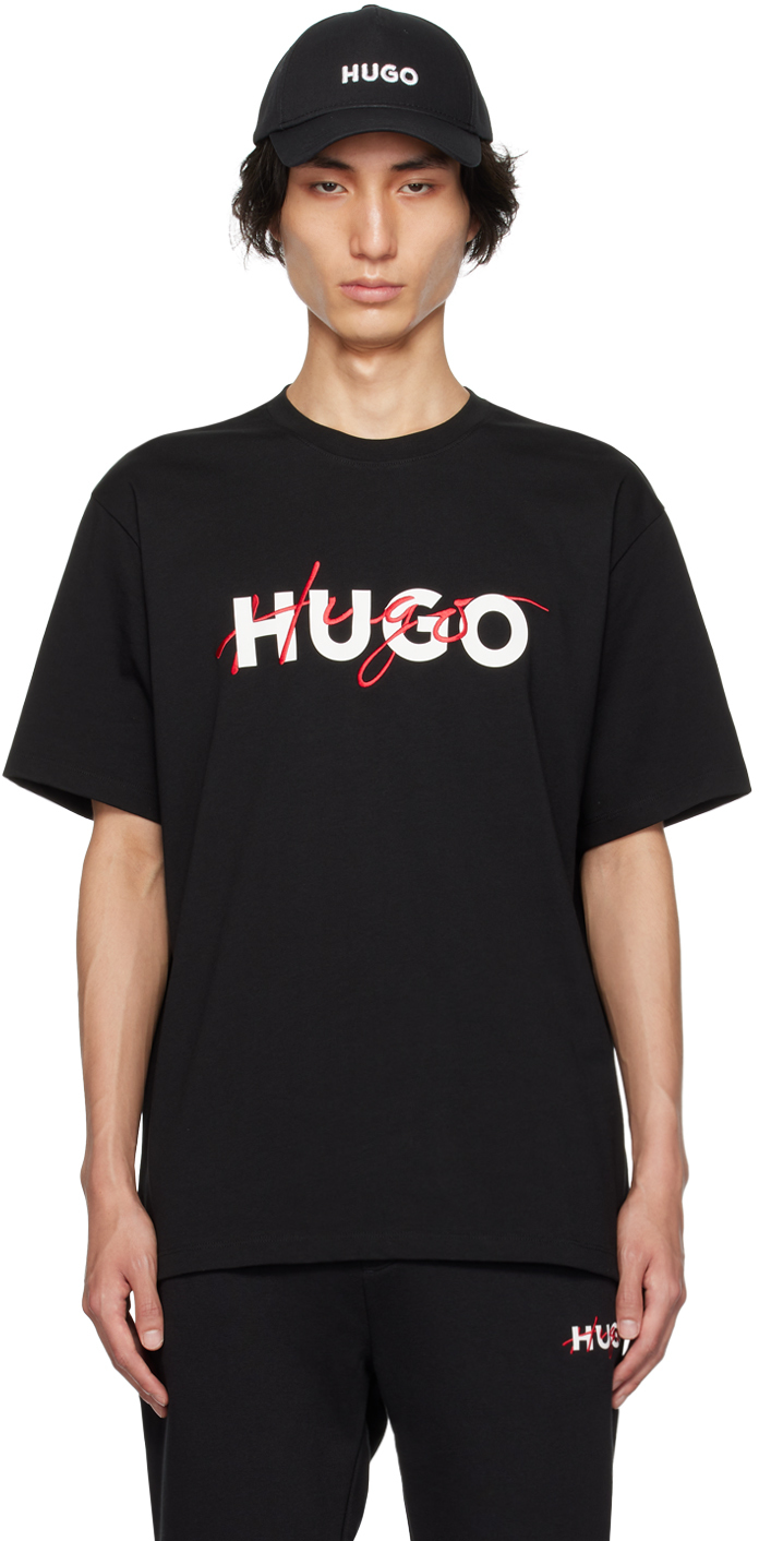 Shop Hugo Black Embroidered T-shirt In 001 - Black