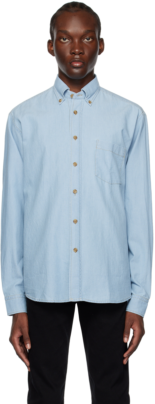 Hugo Boss Blue Contrast Stitch Shirt In 460 - Open Blue