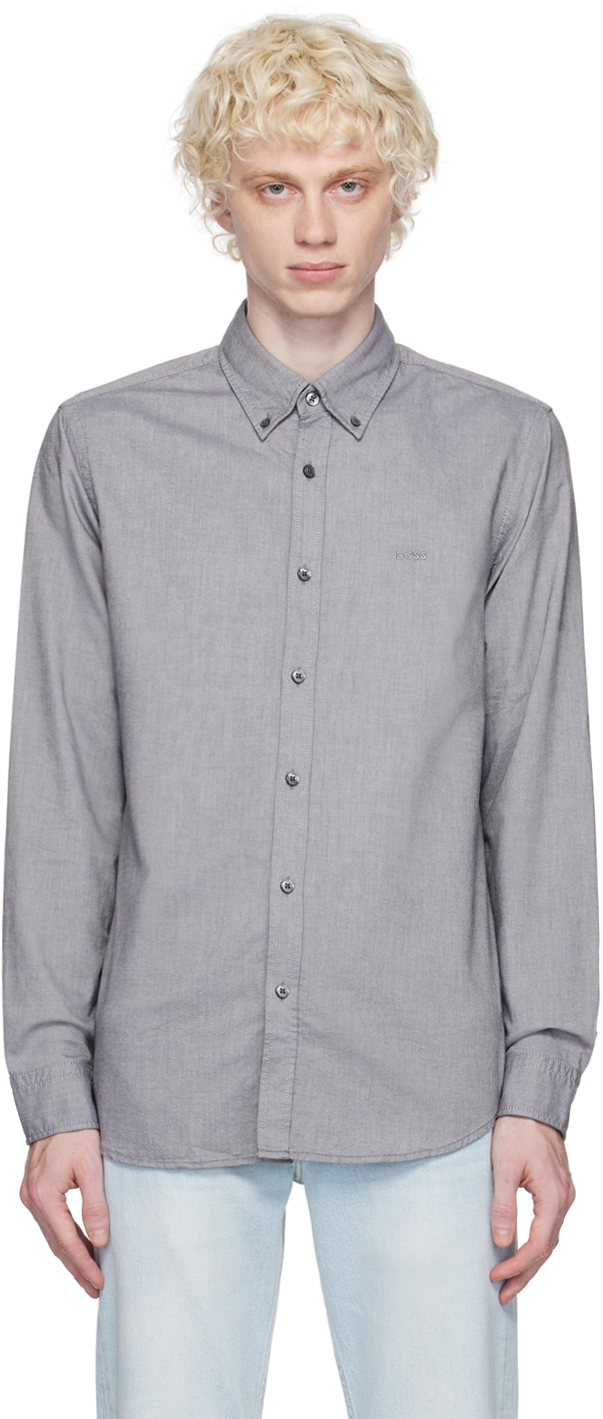 Hugo Boss Logo-embroidered Long-sleeve Shirt In Grey