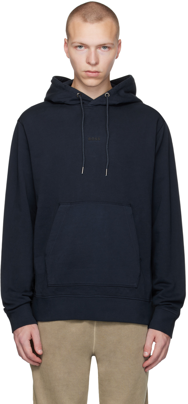 Navy Garment-Dyed Hoodie by BOSS on Sale