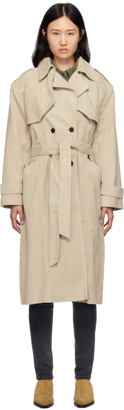 Taupe Double-Breasted Leather Trench Coat