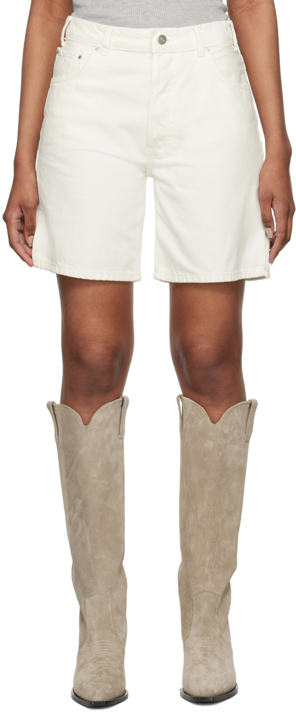 Shop Anine Bing White Vented Denim Shorts In Ivory