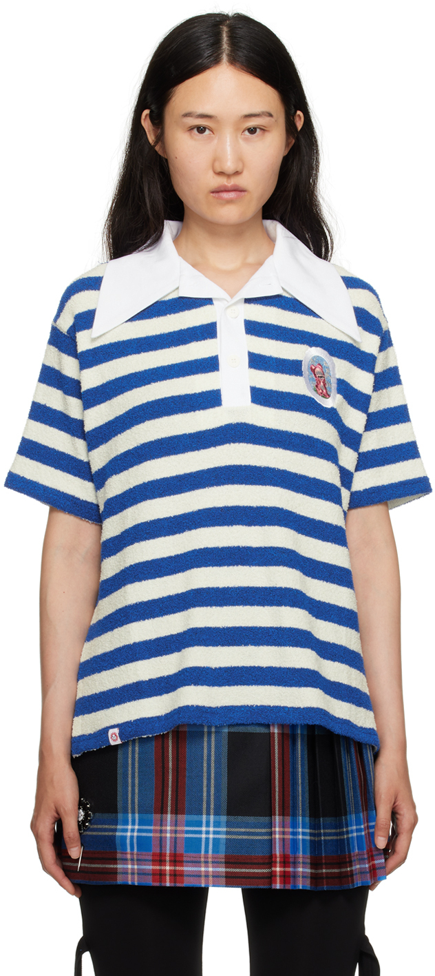 Charles Jeffrey Loverboy Towelling-finish Striped Rugby Polo Top In Blue/ecru Stripe
