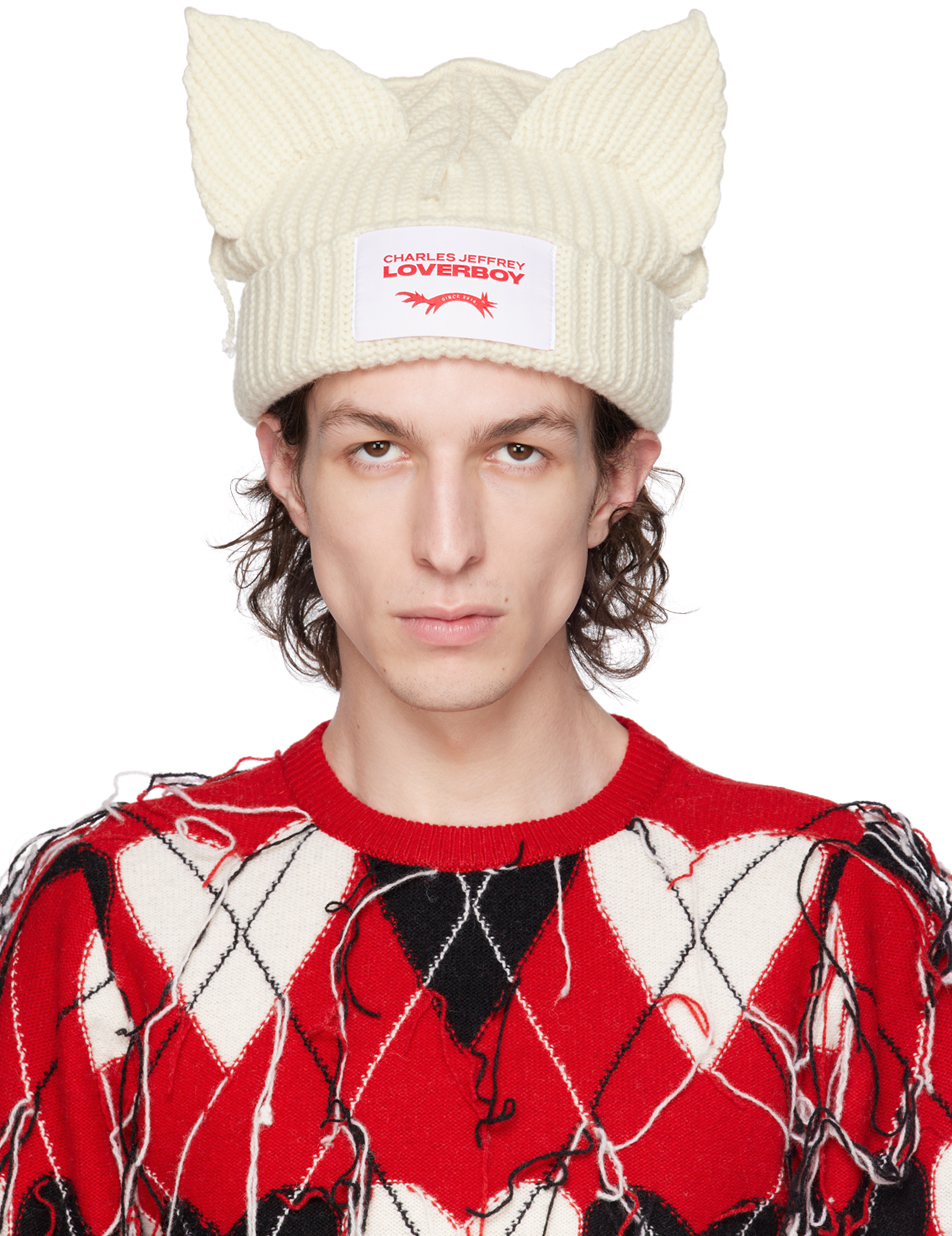 Off-White Chunky Ears Beanie by Charles Jeffrey LOVERBOY on Sale