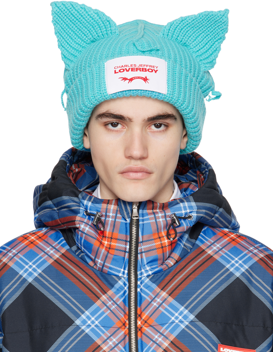 Blue Chunky Ears Beanie by Charles Jeffrey LOVERBOY on Sale