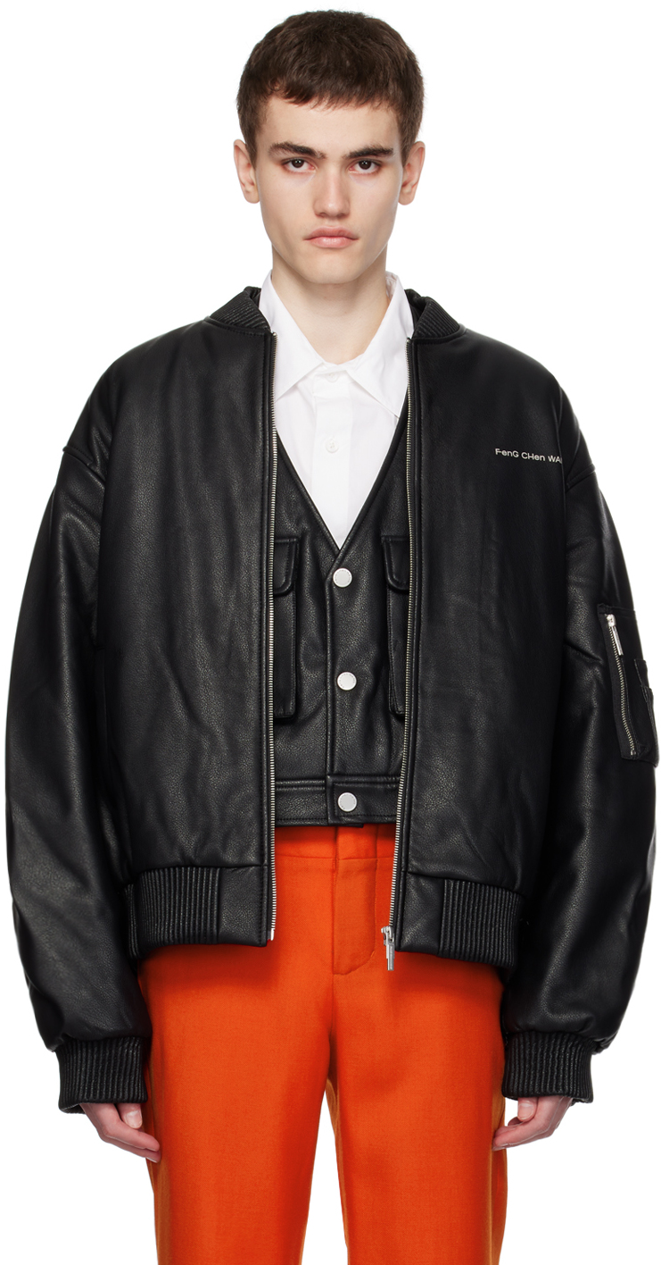Black Printed Faux-Leather Vest & Bomber Jacket