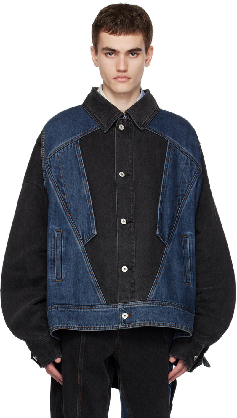 Black & Blue Paneled Denim Jacket by Feng Chen Wang on Sale