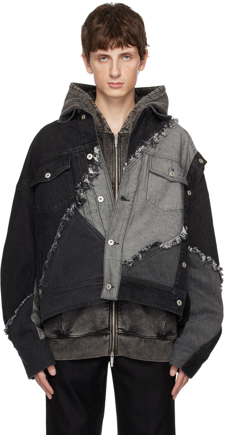 Feng Chen Wang: Black Patchwork Denim Jacket | SSENSE