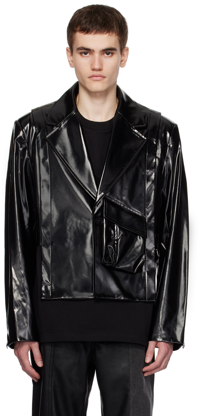 Feng Chen Wang: Black Cropped Faux-Leather Jacket | SSENSE