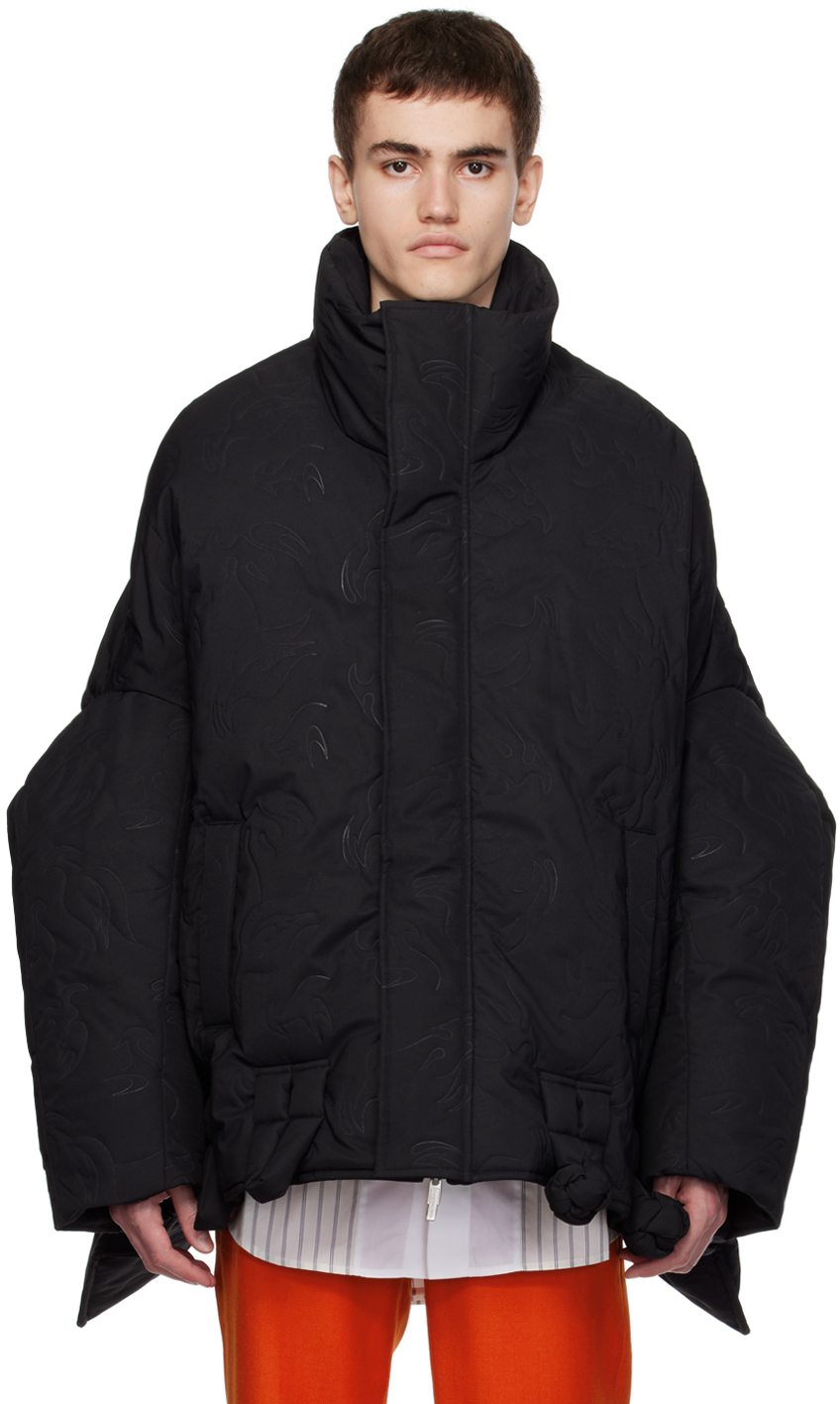 Black Embossed Down Jacket by Feng Chen Wang on Sale