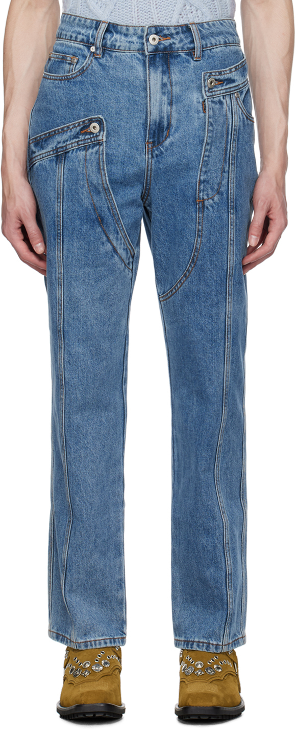 Blue Deconstructed Jeans by Feng Chen Wang on Sale