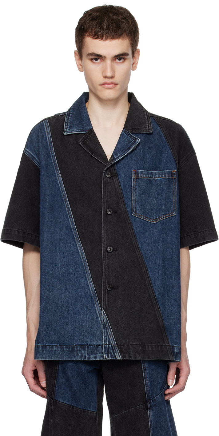 Shop Feng Chen Wang Black & Blue Paneled Denim Shirt In Black/blue