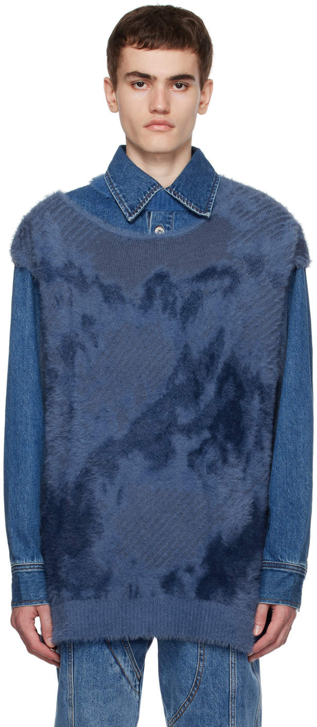 Blue Landscape Painting Vest & Denim Jacket Set