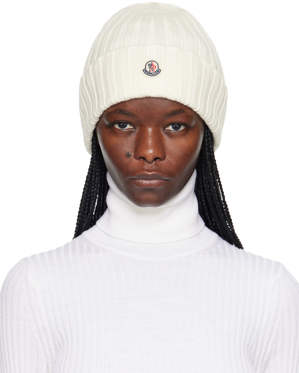 Moncler White Patch Beanie In 030 White