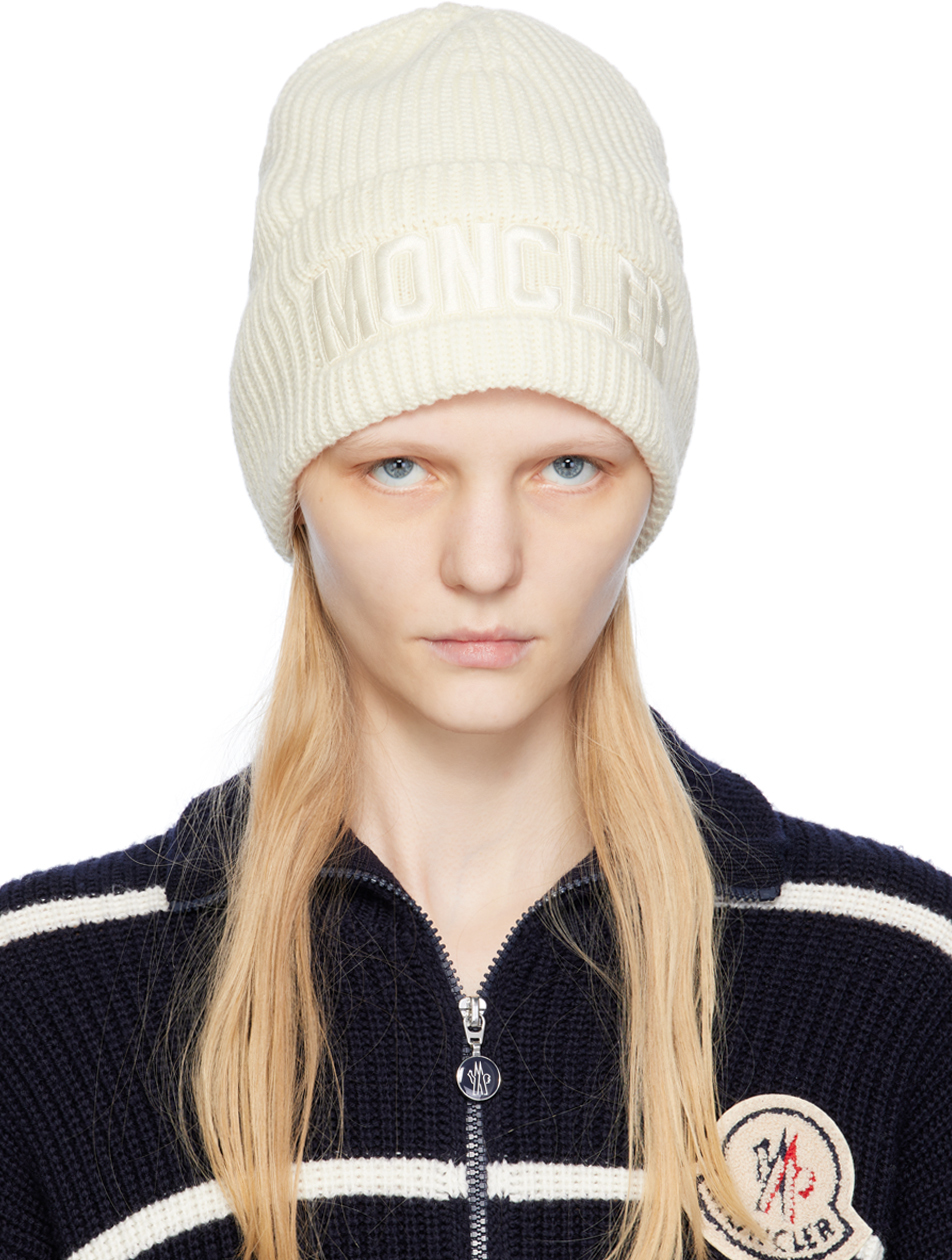Moncler Logo-embroidered Ribbed-knit Beanie In White