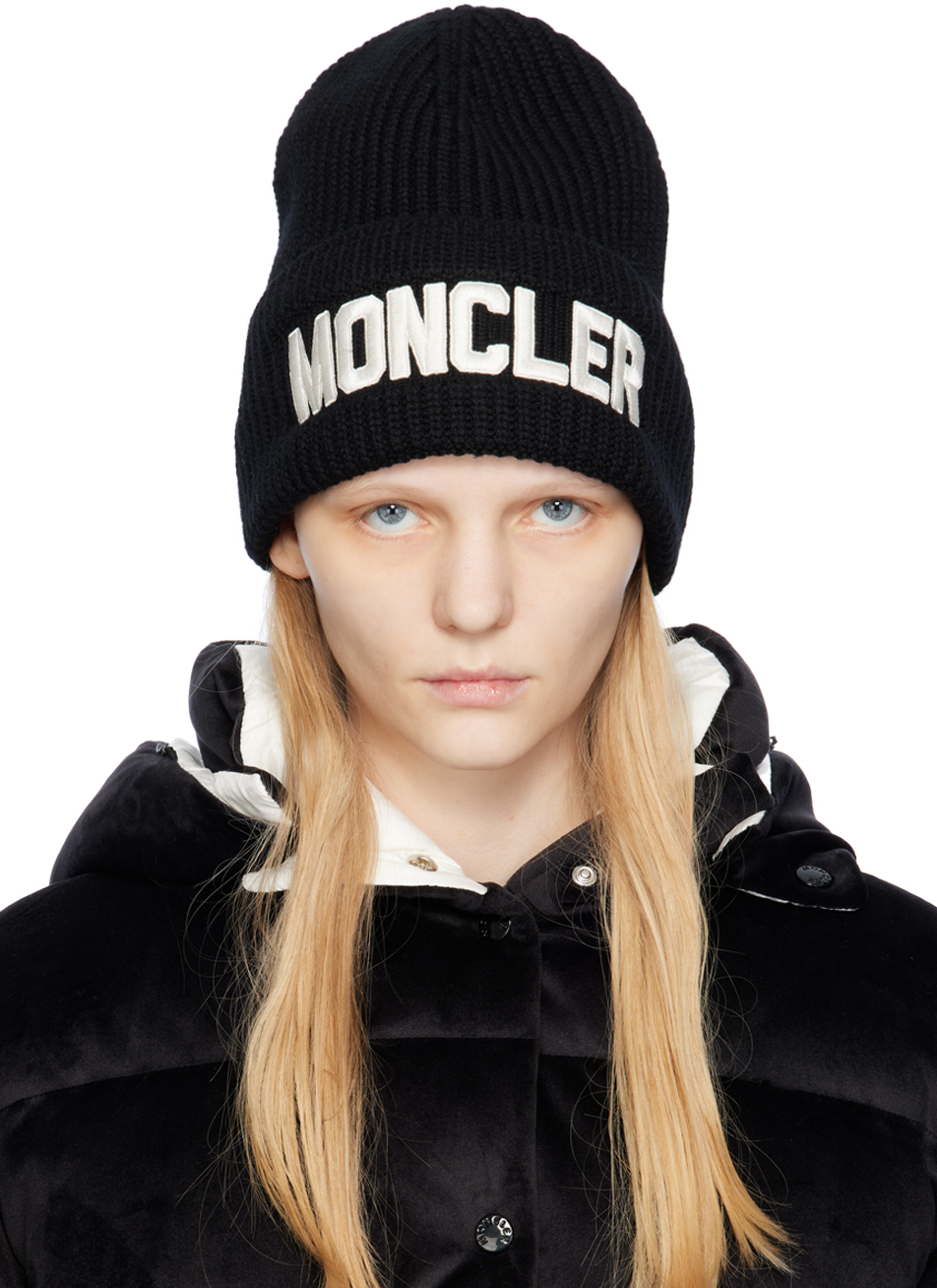 Moncler Black Embroidered Beanie In 999 Black