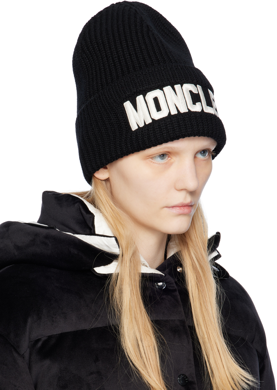 Moncler Black Embroidered Beanie In 999 Black