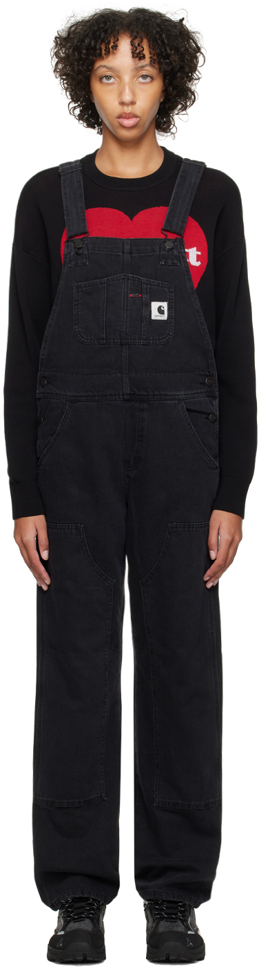 Shop Carhartt Black Bib Double Knee Overalls In Black Stone Washed