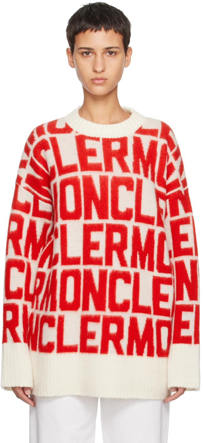 Moncler Pull Rouge Et Blanc à Motif à Logo En Tricot Jacquard Ssense