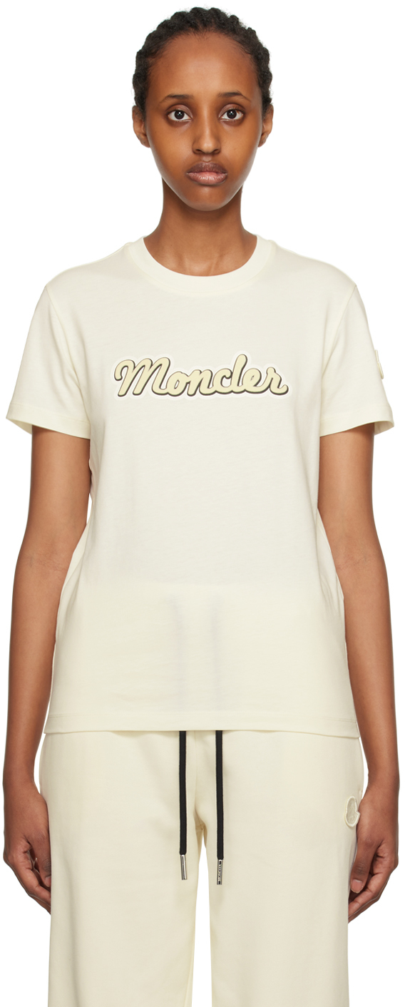 Shop Moncler Off-white Flocked T-shirt In 034 White