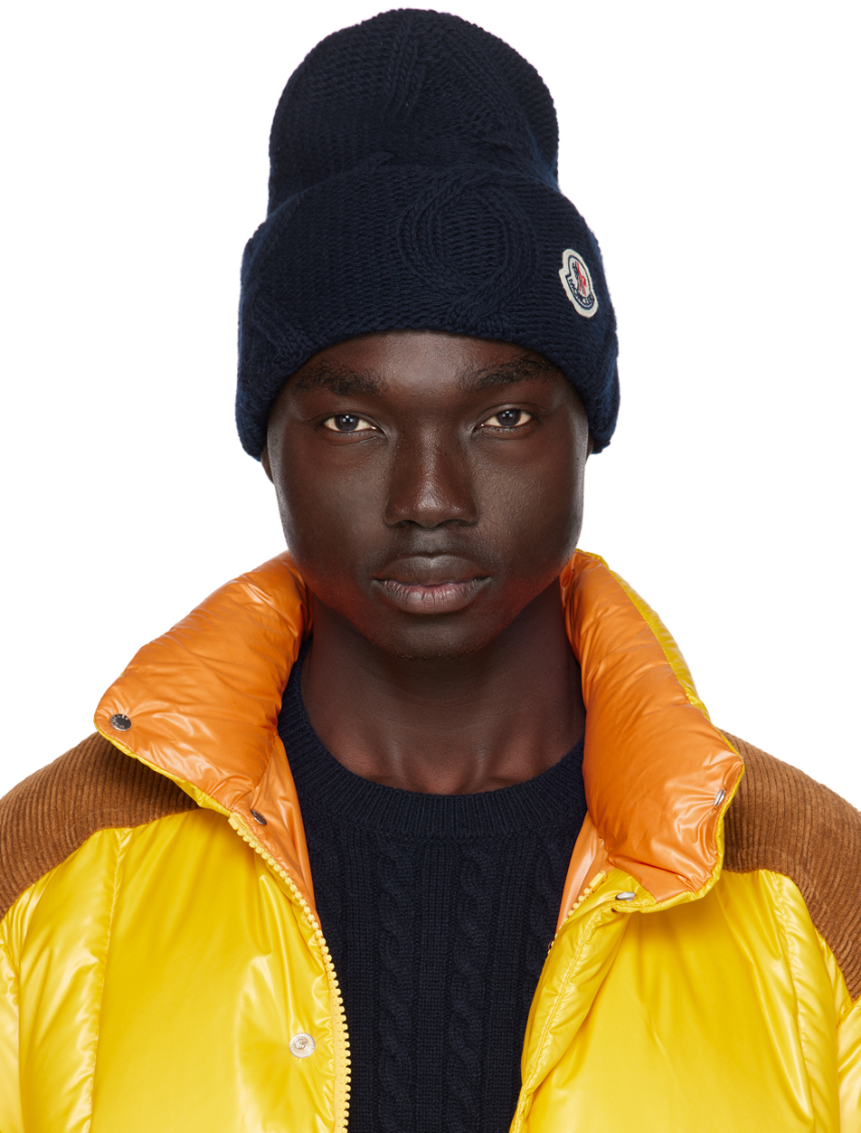 Moncler Navy Patch Beanie In 778 Navy Blue