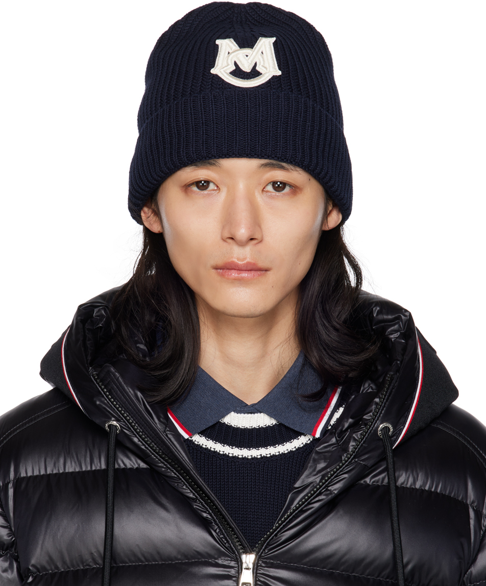 Moncler Navy Ribbed Beanie In 742 Blue
