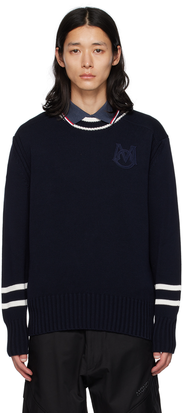 Moncler Striped Trim Crewneck Sweater In Navy