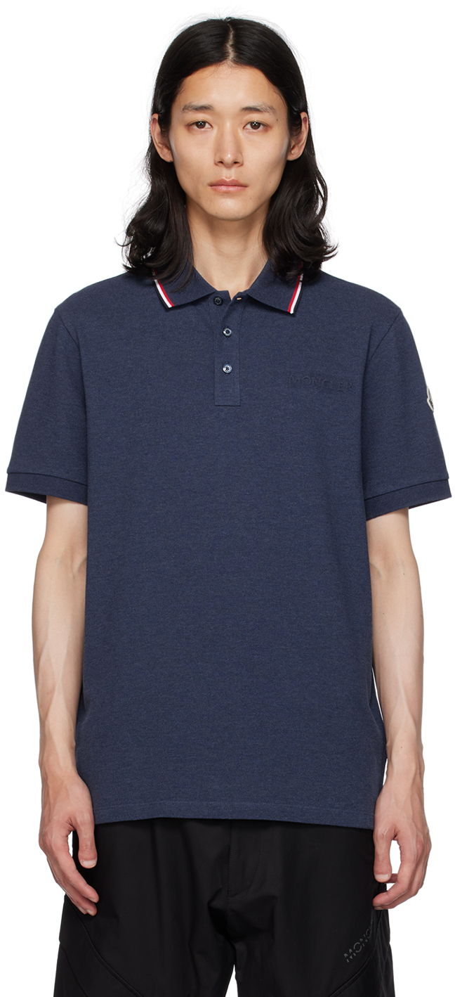 Moncler Navy Embossed Polo In 795 Blue