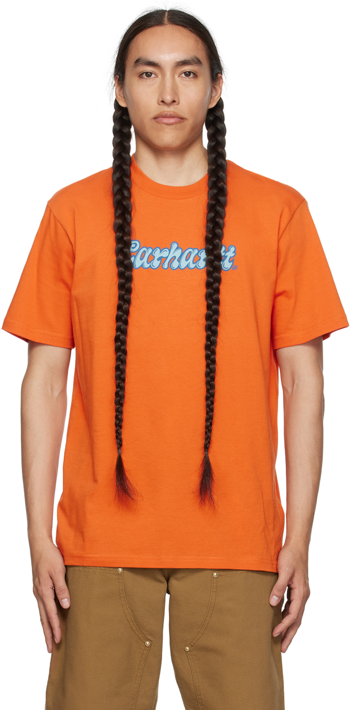 Orange Liquid Script T Shirt by Carhartt Work In Progress on Sale