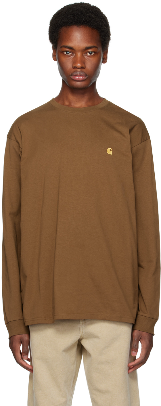 Carhartt Brown Chase Long Sleeve T-shirt In 1r0 Tamarind / Gold