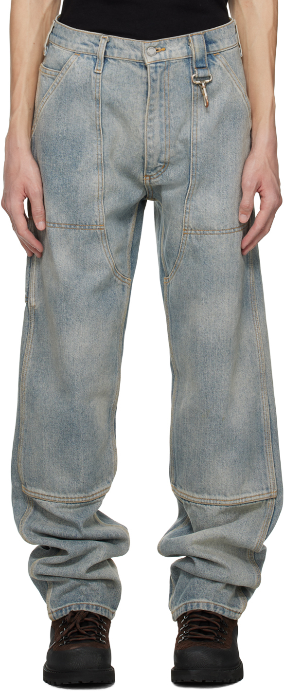 Reese Cooper Blue Double Knee Jeans In Washed Denim