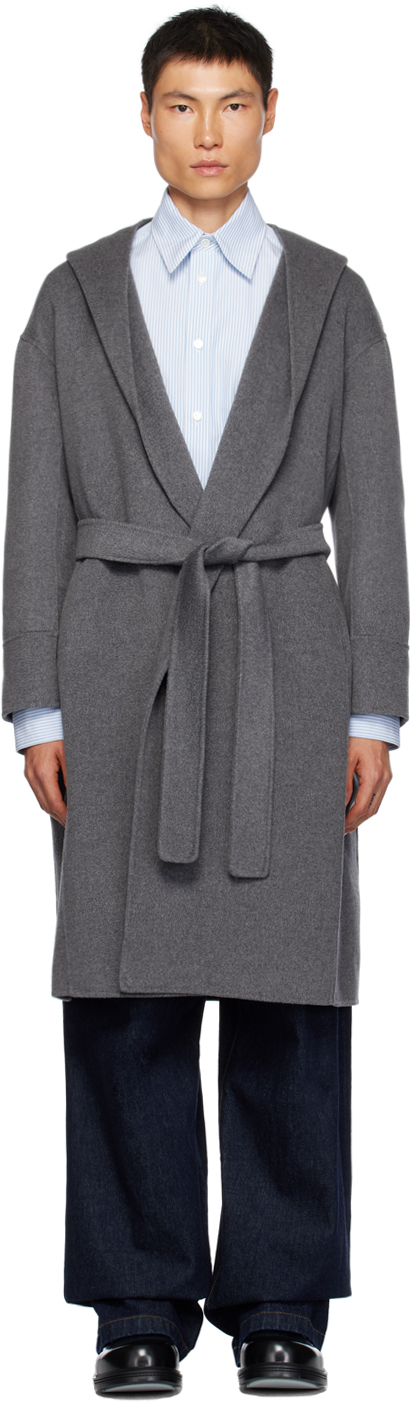Max Mara Grey Belted Coat In 007 Medium Grey