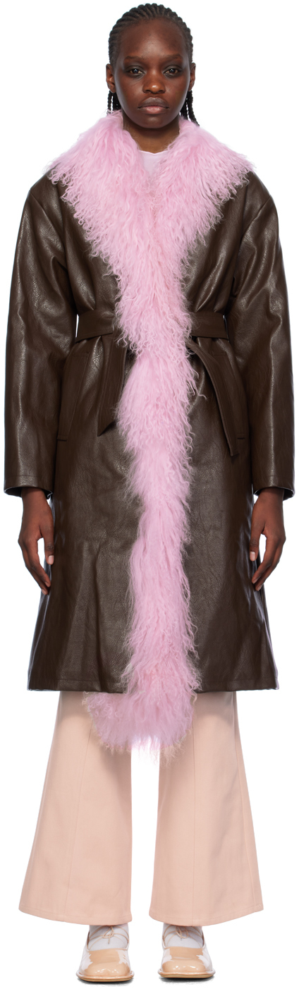 SSENSE Exclusive Brown Faux-Leather Coat by Nodress on Sale