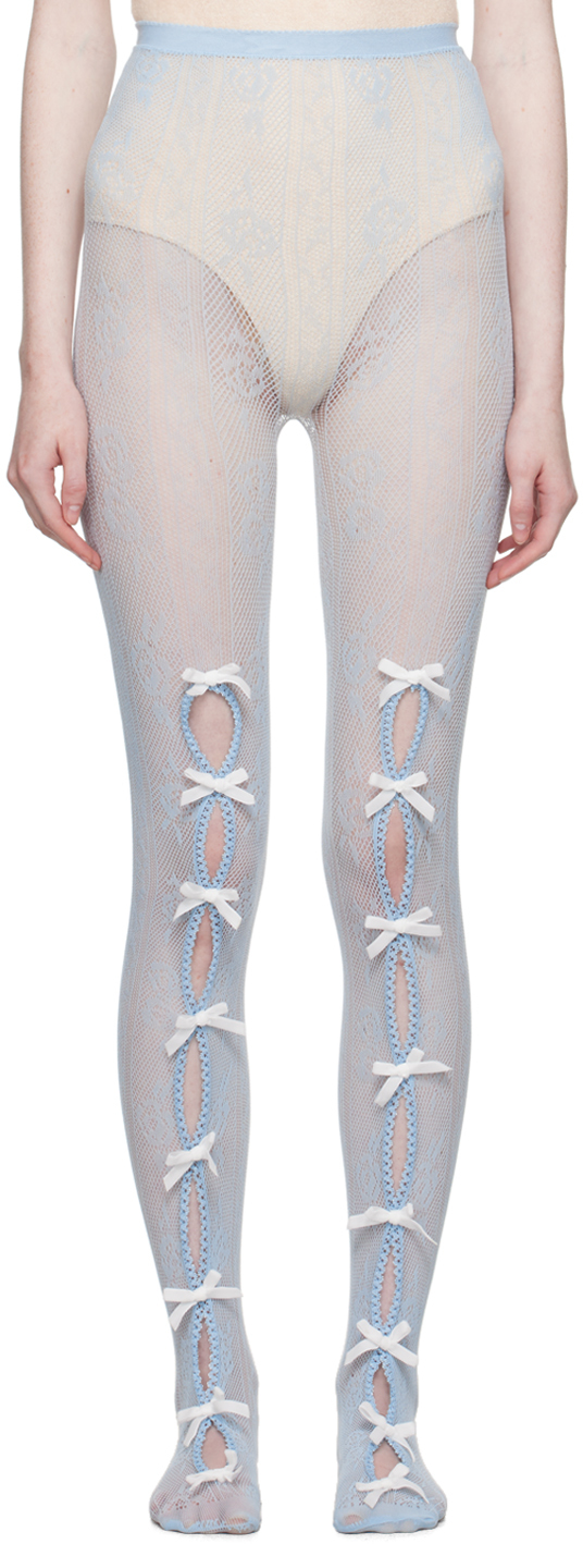 Nodress Ssense Exclusive Blue Bowknot Fishnet Tights In Light Blue/white Bow