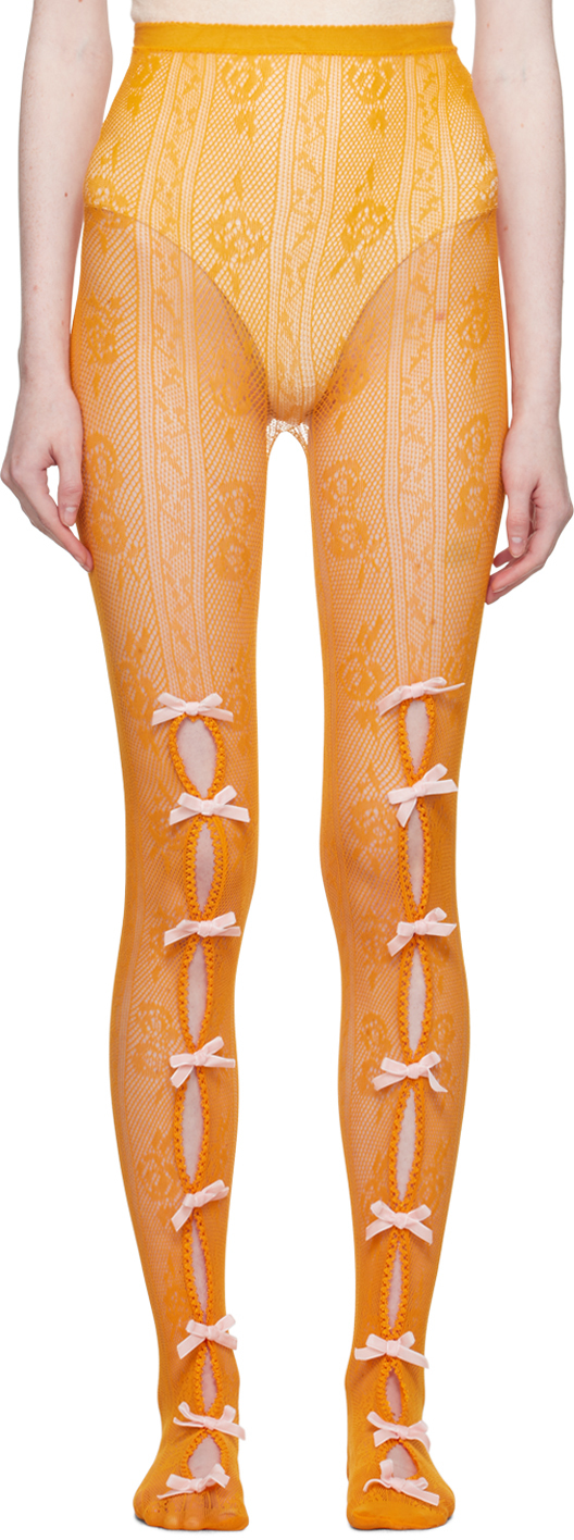 SSENSE Exclusive Orange Bowknot Fishnet Tights by Nφdress on Sale