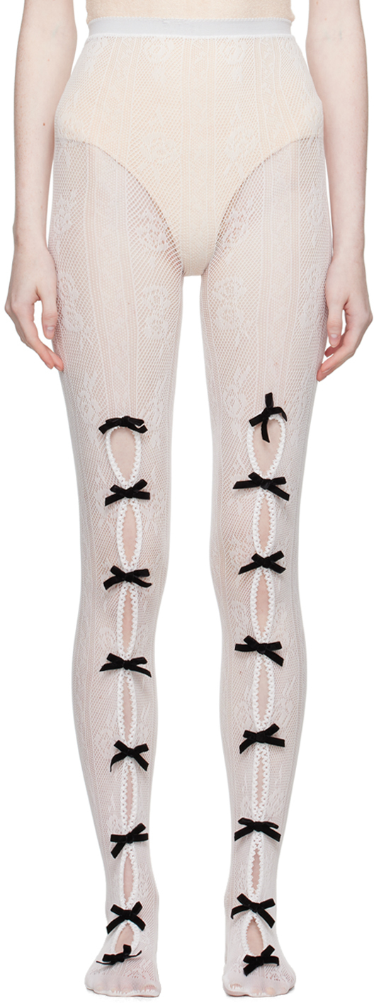 White Bowknot Fishnet Tights by Nφdress on Sale