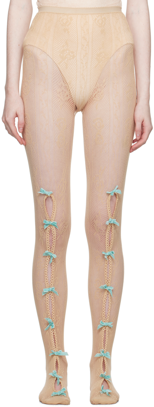 Beige Bowknot Fishnet Tights by Nφdress on Sale