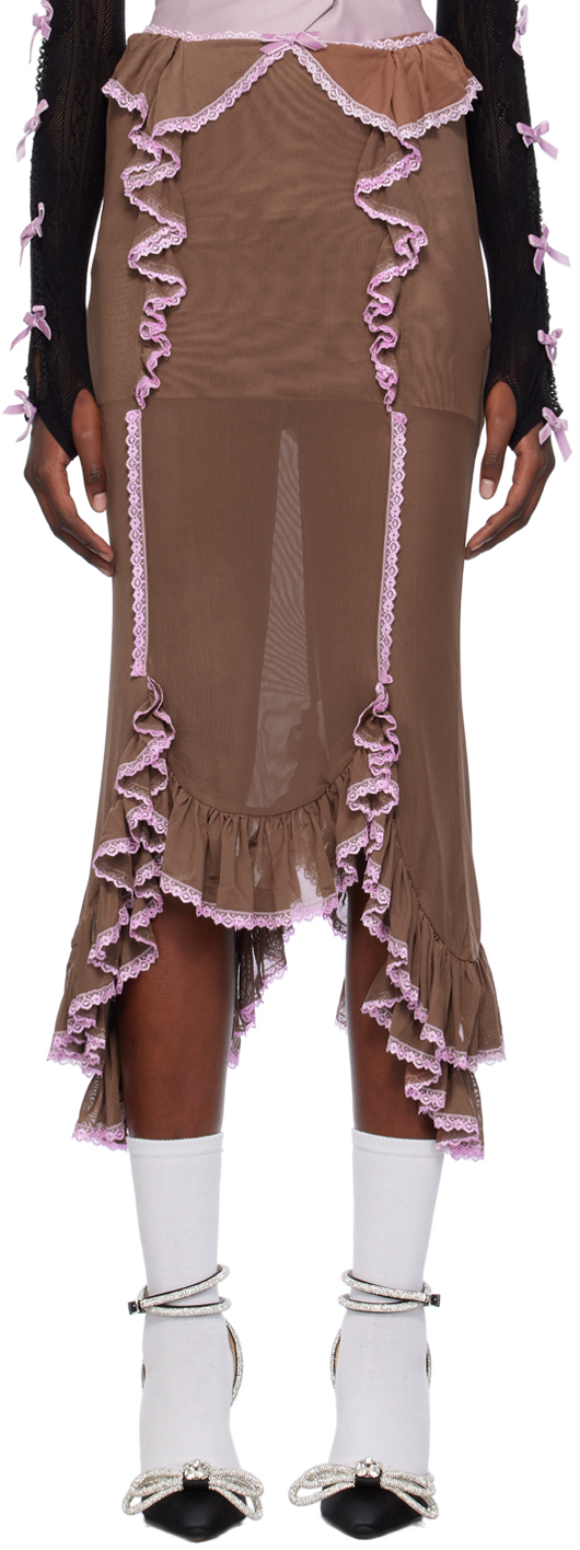 Nodress Brown Ruffle Midi Skirt In Lace