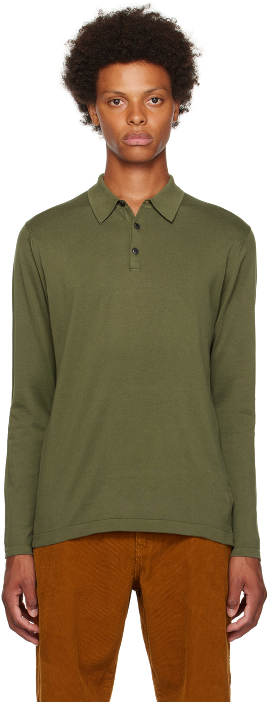Shop Sunspel Khaki Spread Collar Long Sleeve Polo In Gngc Hunter Green
