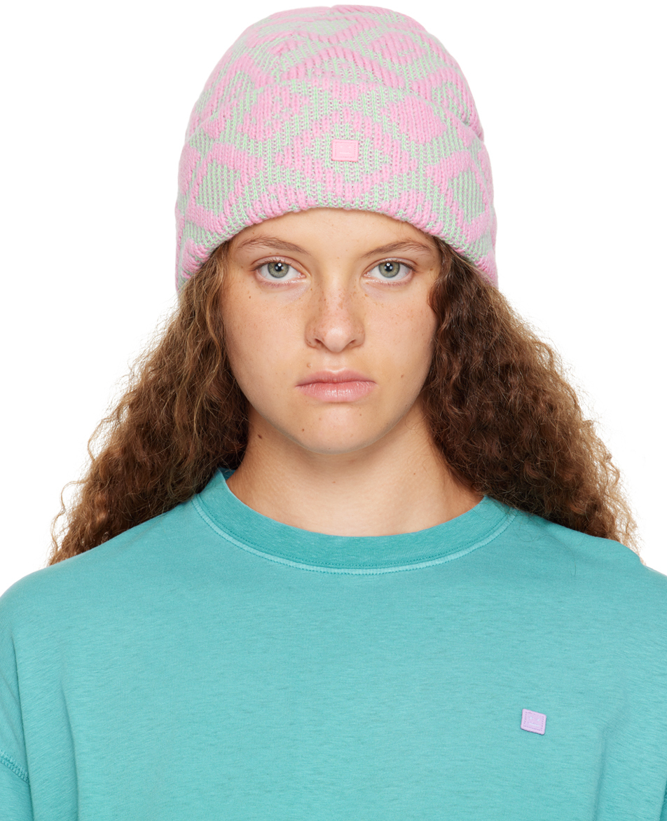 Acne Studios Pink & Green Tiles Beanie In Bubble Pink/spring G