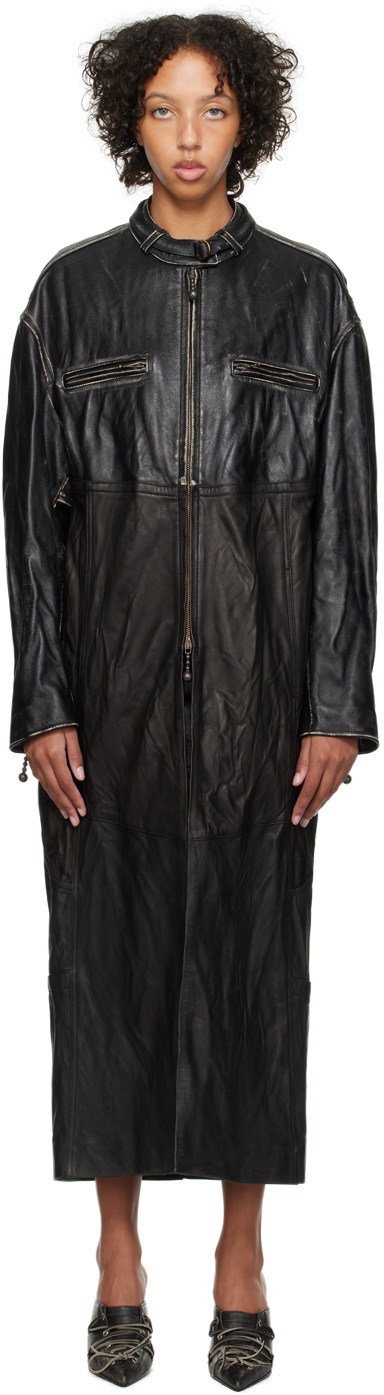 Black Patchwork Leather Coat