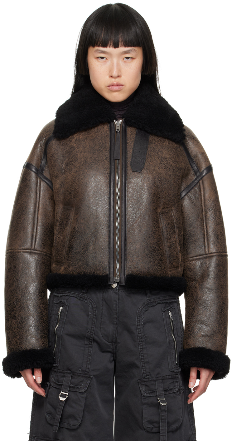 Acne Studios Shearling-collar Leather Jacket In Brown
