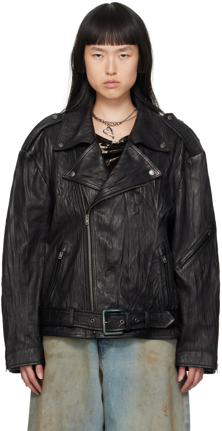 Shop Acne Studios Black Crinkled Leather Jacket In 900 Black